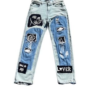 Hand Painted Denim , Distressed Stitching , Embroidered PR , Baggy Fit